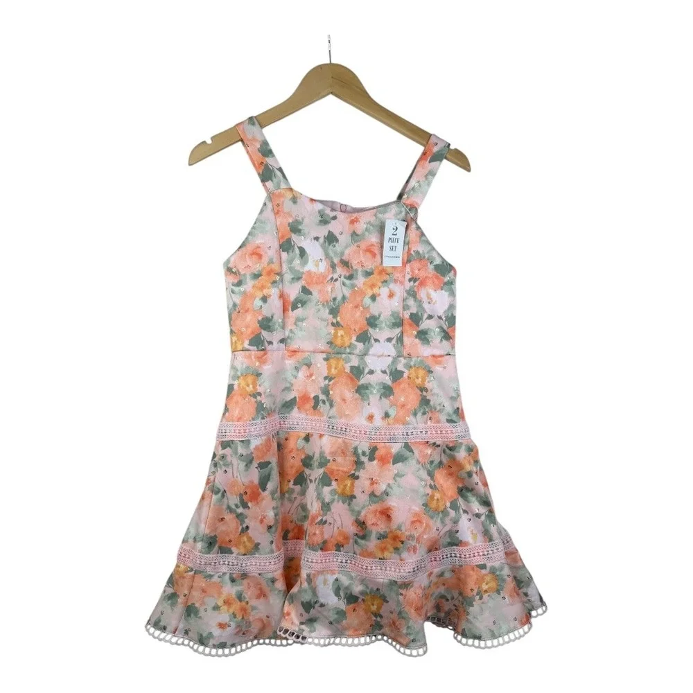 New Knit Works Floral Print Dress/Cardigan Set size 14.5 Girls Pink/Green‎